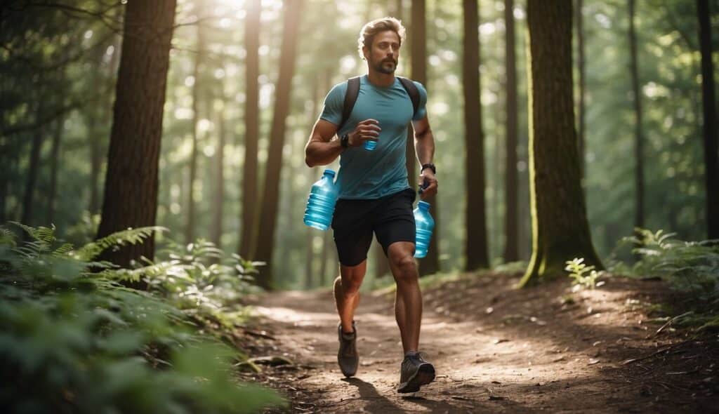 A runner carrying a reusable water bottle and picking up litter along a forest trail. Trees and wildlife in the background